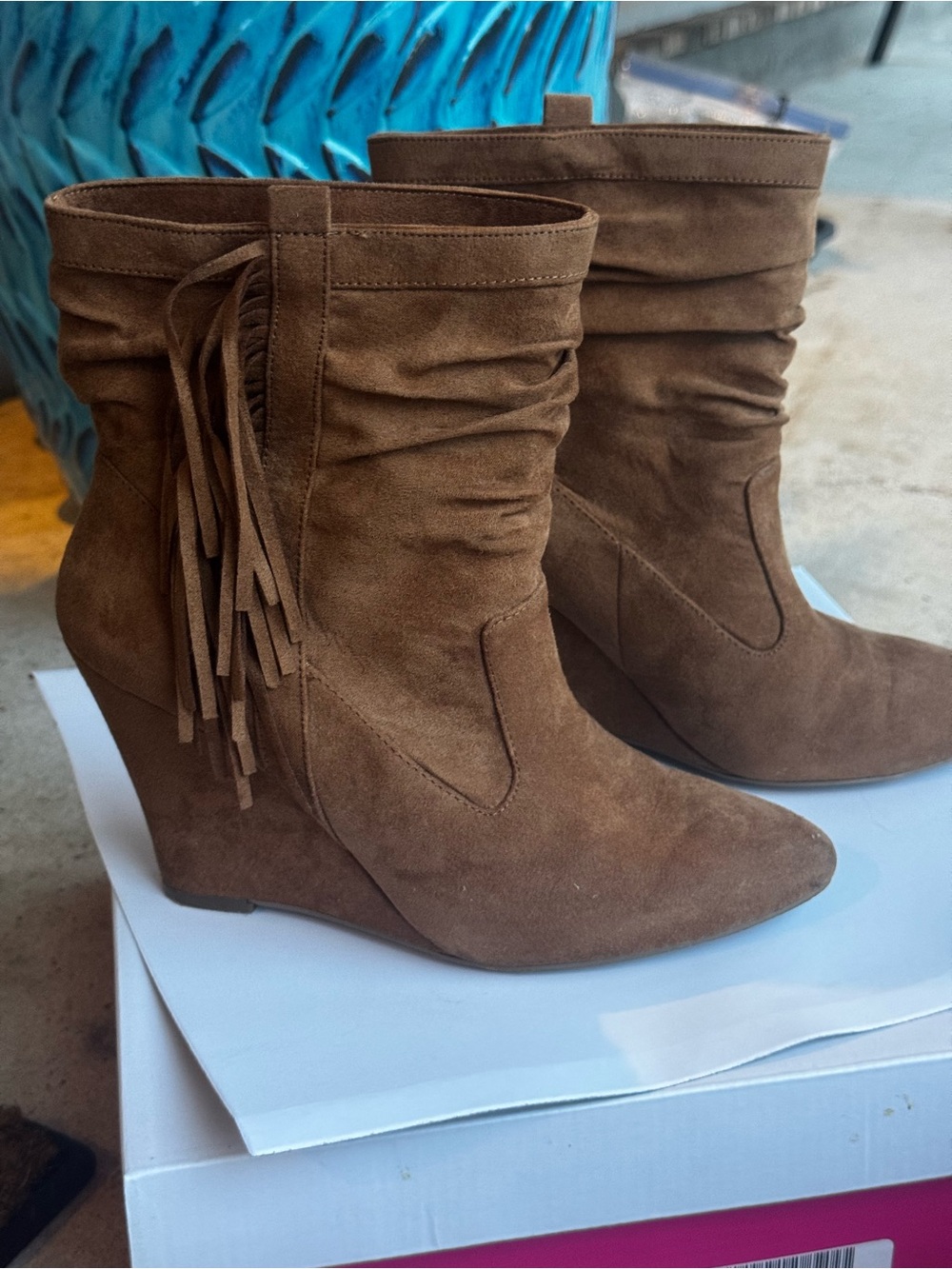 Brown Suede Fringe Wedge Booties - Women's Stylish Ankle Boots
